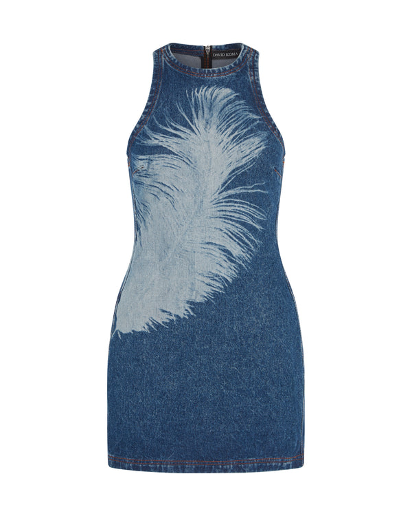 david koma FEATHER PRINT MINI DENIM DRESS BLUE