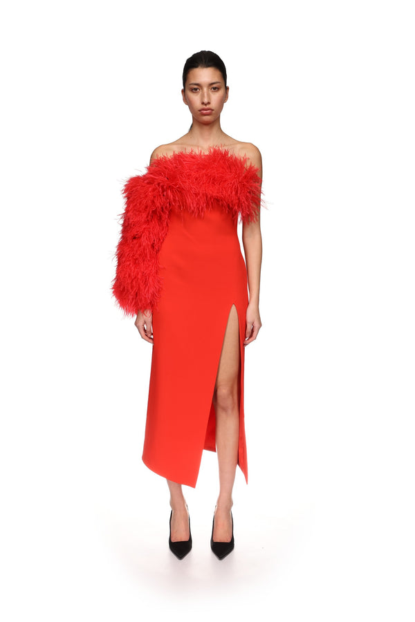 David Koma FEATHER TRIM ONE SLEEVE MIDI DRESS RED