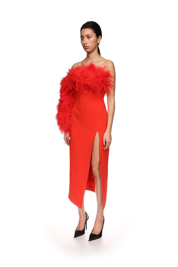 David Koma FEATHER TRIM ONE SLEEVE MIDI DRESS RED