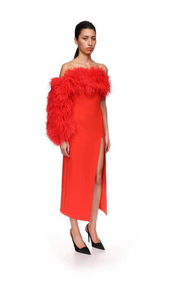 David Koma FEATHER TRIM ONE SLEEVE MIDI DRESS RED