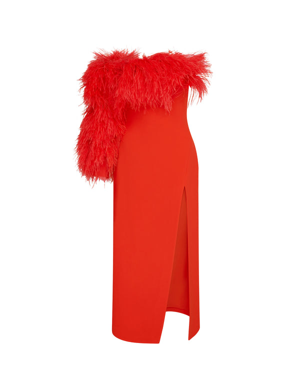 david koma FEATHER TRIM ONE SLEEVE MIDI DRESS RED