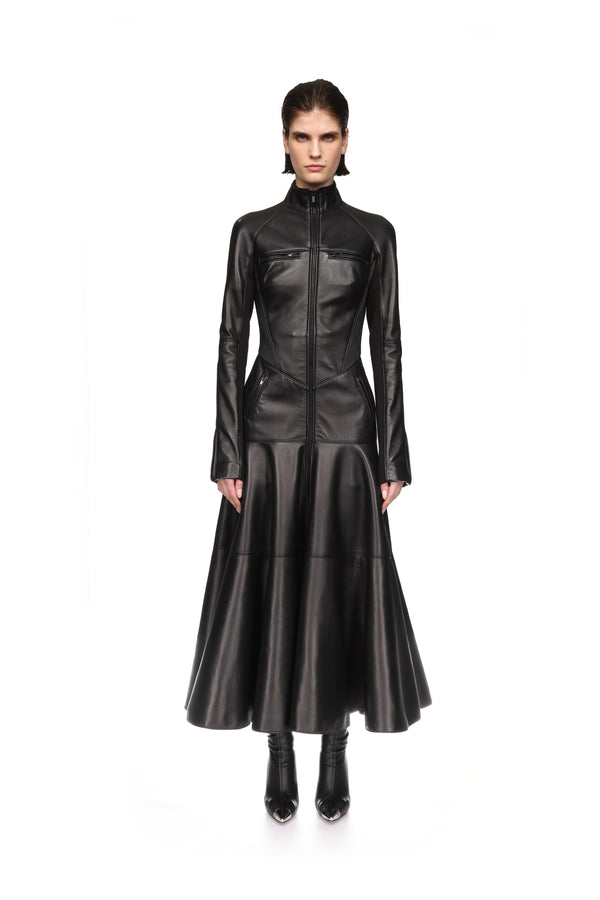 David Koma LEATHER COAT DRESS BLACK