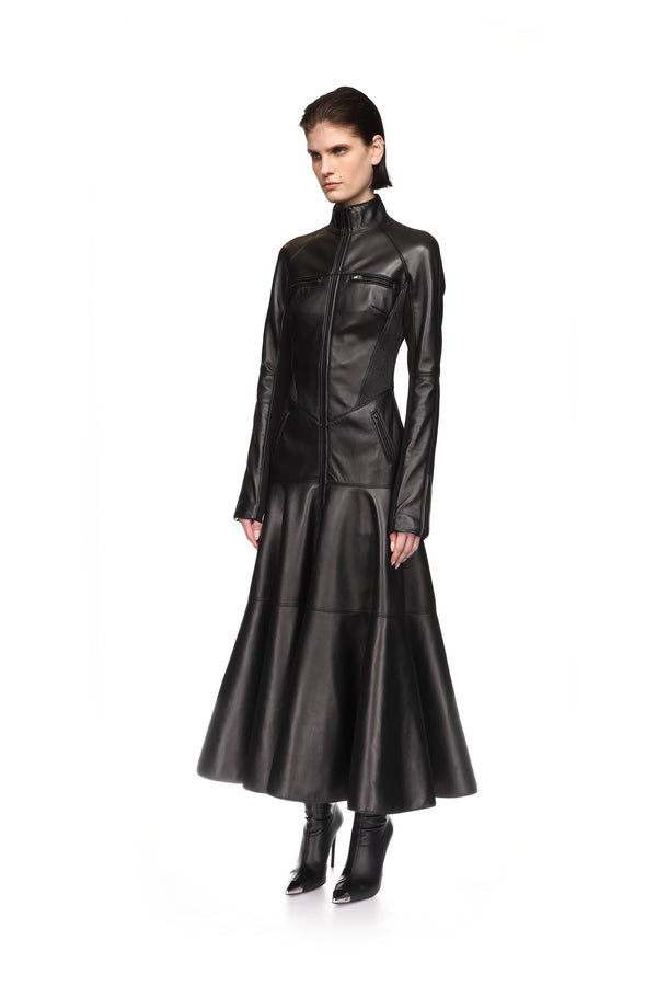 David Koma LEATHER COAT DRESS BLACK