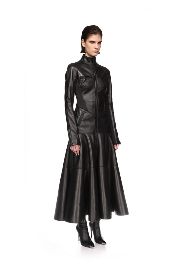David Koma LEATHER COAT DRESS BLACK