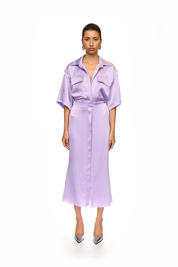 David Koma LILAC SATIN SHIRT MIDI DRESS LILAC