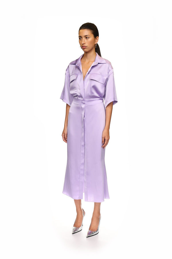 David Koma LILAC SATIN SHIRT MIDI DRESS LILAC