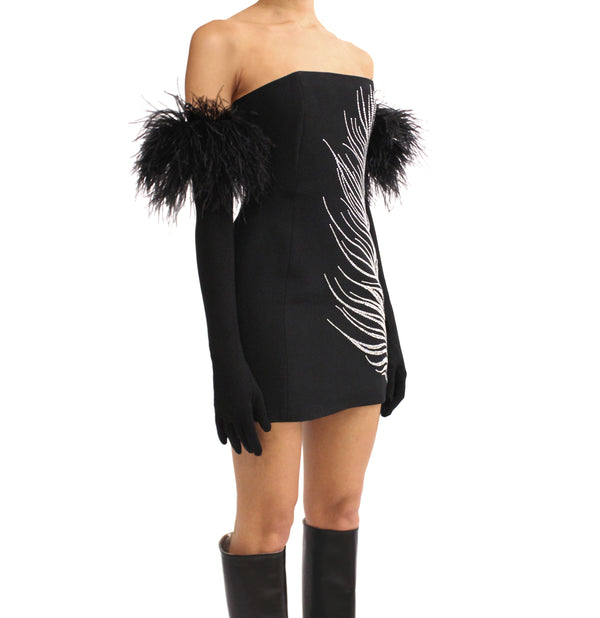 David Koma LONG GLOVES WITH FEATHERS BLACK