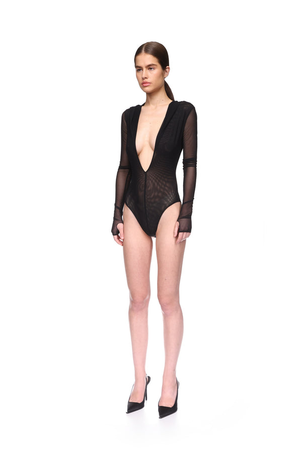 David Koma LONG SLEEVE BODYSUIT WITH HOODIE BLACK
