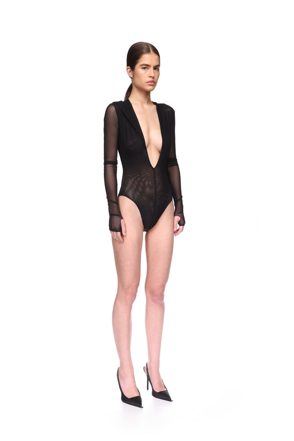 David Koma LONG SLEEVE BODYSUIT WITH HOODIE BLACK