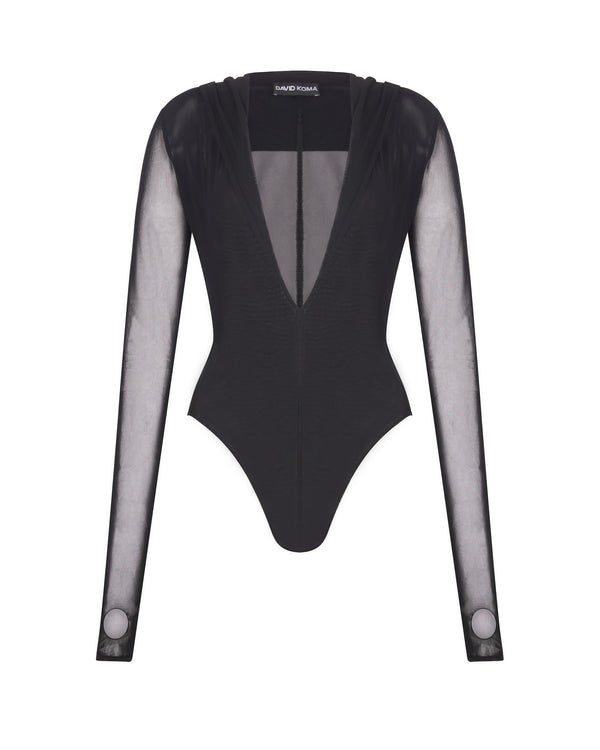 david koma LONG SLEEVE BODYSUIT WITH HOODIE BLACK