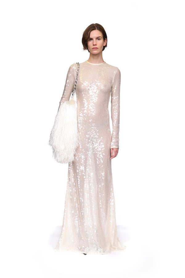 David Koma LONG SLEEVED SEQUIN GOWN CREAM