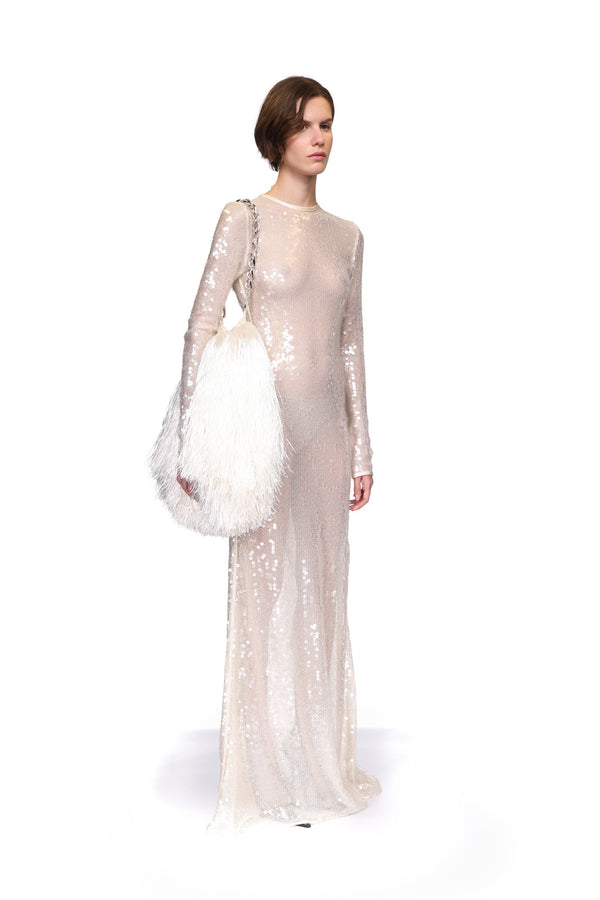David Koma LONG SLEEVED SEQUIN GOWN CREAM