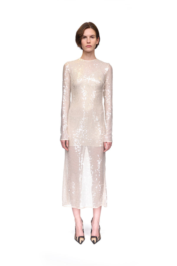 David Koma LONG SLEEVED SEQUIN MIDI DRESS CREAM