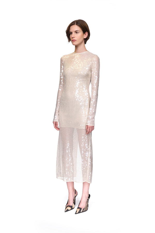 David Koma LONG SLEEVED SEQUIN MIDI DRESS CREAM