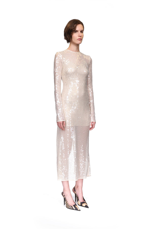 David Koma LONG SLEEVED SEQUIN MIDI DRESS CREAM