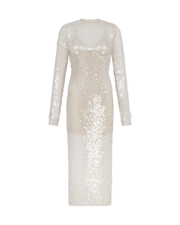 david koma LONG SLEEVED SEQUIN MIDI DRESS CREAM