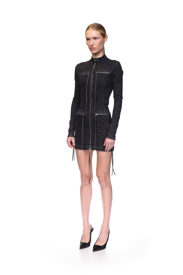David Koma MINI DENIM DRESS WITH ZIP DETAIL BLACK