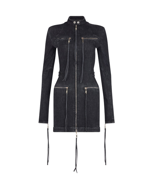 david koma MINI DENIM DRESS WITH ZIP DETAIL BLACK