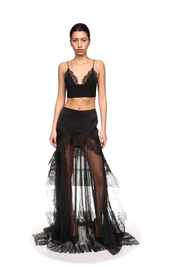 David Koma PLEATED TULLE AND LACE MAXI SKIRT BLACK