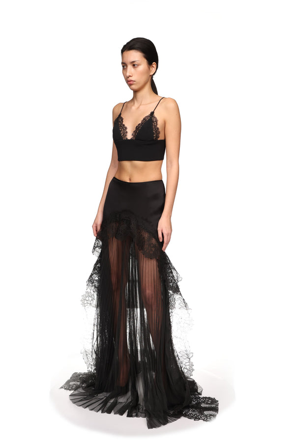 David Koma PLEATED TULLE AND LACE MAXI SKIRT BLACK