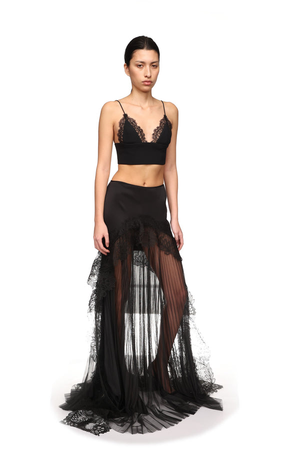 David Koma PLEATED TULLE AND LACE MAXI SKIRT BLACK