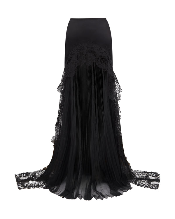david koma PLEATED TULLE AND LACE MAXI SKIRT BLACK