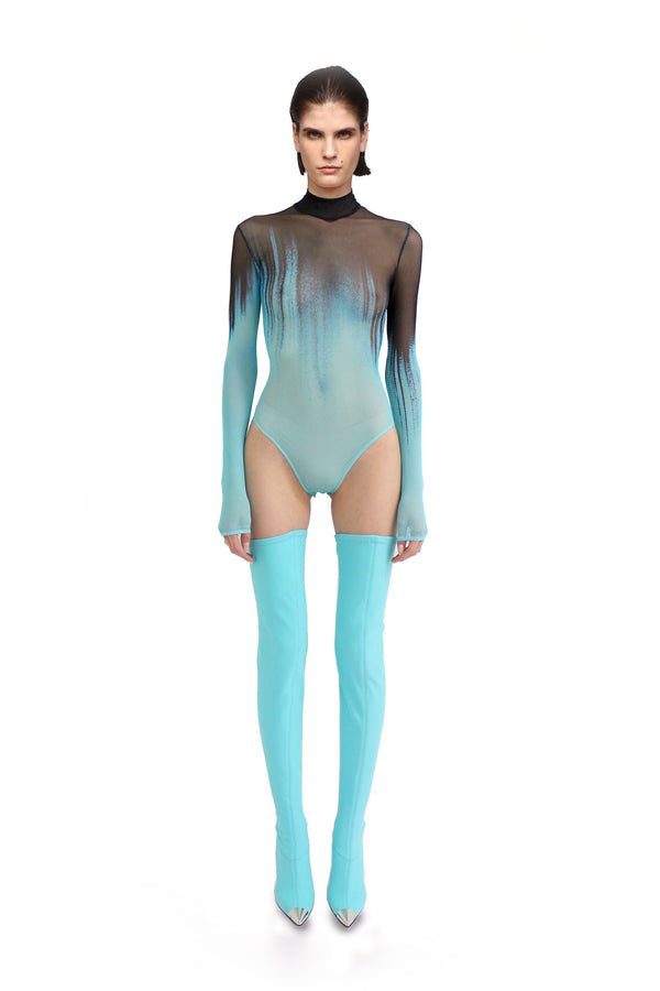 David Koma PRINTED TULLE BODYSUIT BLACK/TURQUOISE
