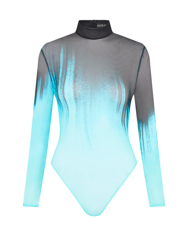 david koma PRINTED TULLE BODYSUIT BLACK/TURQUOISE