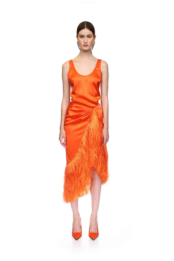 David Koma RAFFIA FRINGE TRIM WRAP SKIRT ORANGE