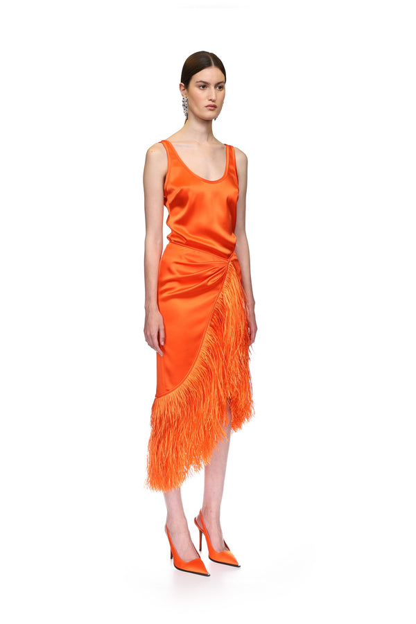 David Koma RAFFIA FRINGE TRIM WRAP SKIRT ORANGE