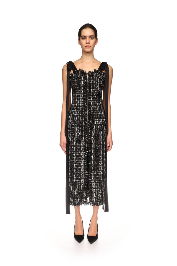 David Koma SATIN BOW AND TWEED MIDI DRESS BLACK