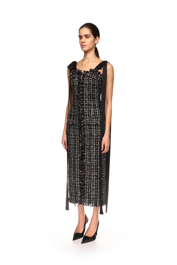 David Koma SATIN BOW AND TWEED MIDI DRESS BLACK