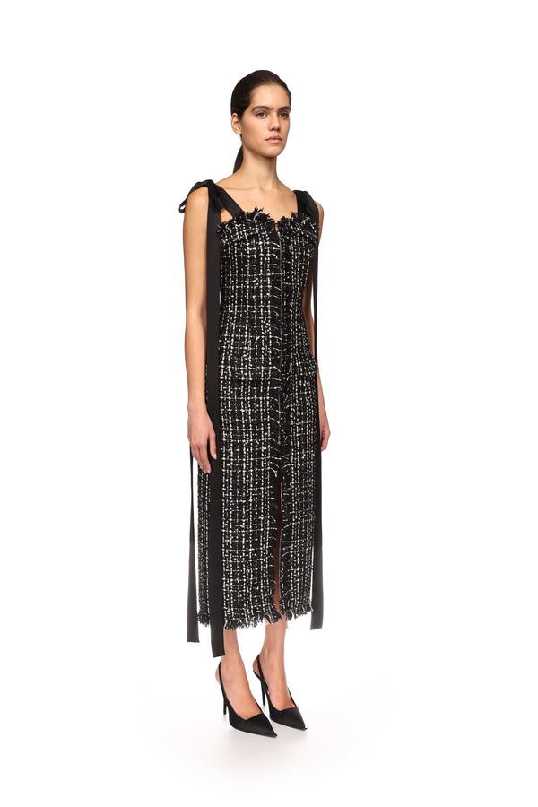 David Koma SATIN BOW AND TWEED MIDI DRESS BLACK