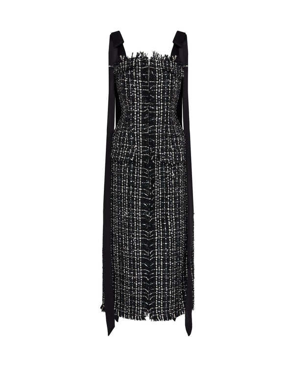 david koma SATIN BOW AND TWEED MIDI DRESS BLACK