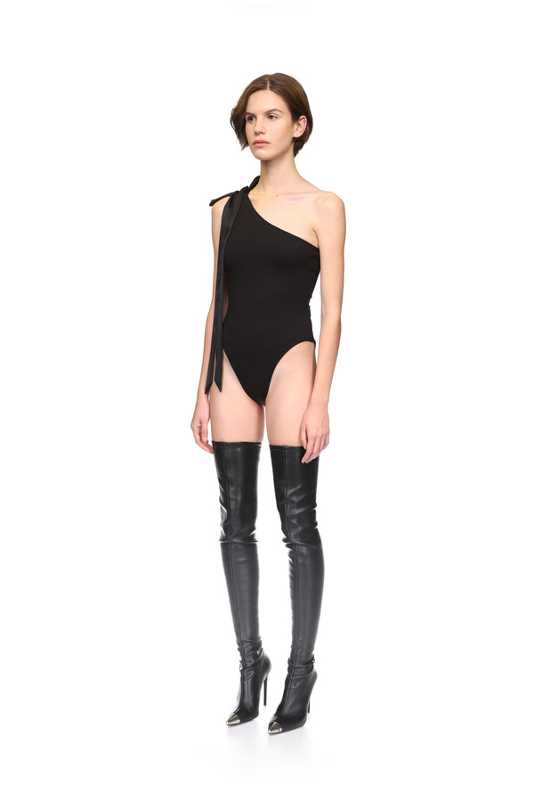 David Koma SATIN BOW BODYSUIT IN BLACK BLACK