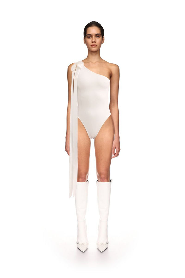 David Koma SATIN BOW BODYSUIT IN WHITE WHITE