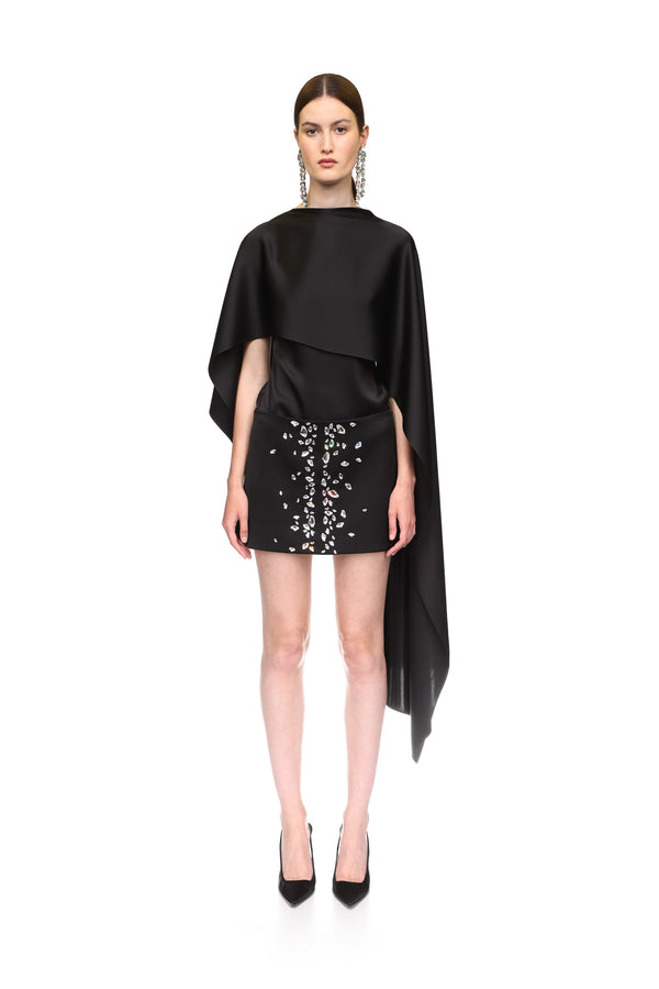 David Koma SATIN OVERLAY CAPE BLOUSE BLACK