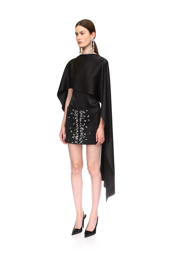 David Koma SATIN OVERLAY CAPE BLOUSE BLACK