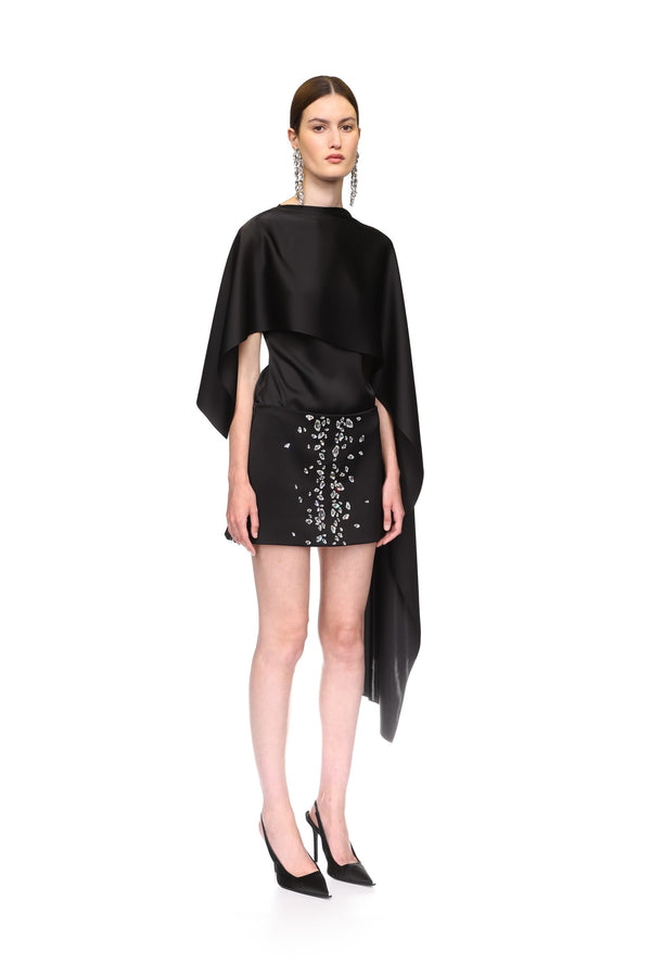 David Koma SATIN OVERLAY CAPE BLOUSE BLACK