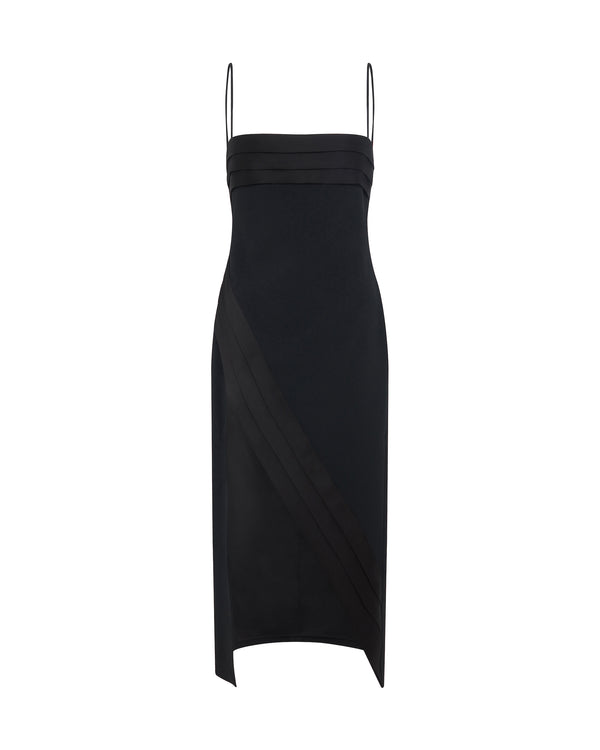 david koma SATIN PLEATING DETAIL MIDI DRESS BLACK