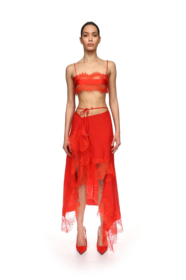 David Koma SATIN TAPE AND LACE BRA TOP RED