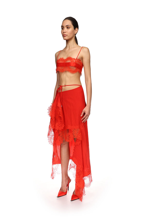 David Koma SATIN TAPE AND LACE BRA TOP RED