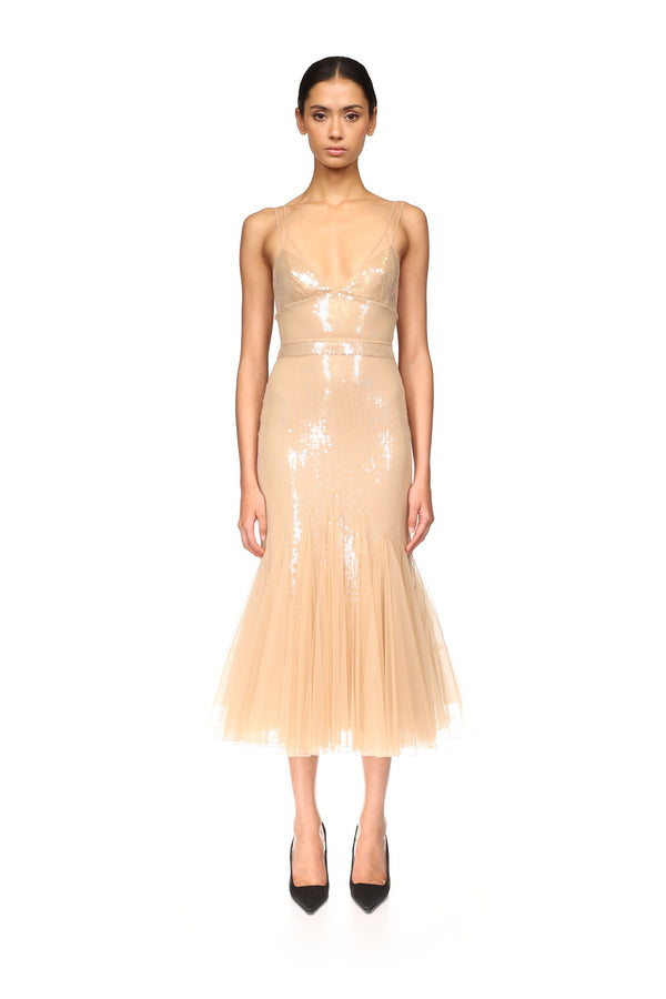 David Koma SEQUIN AND TULLE CAMI MIDI DRESS BEIGE