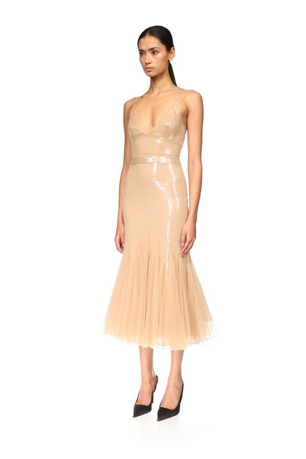 David Koma SEQUIN AND TULLE CAMI MIDI DRESS BEIGE