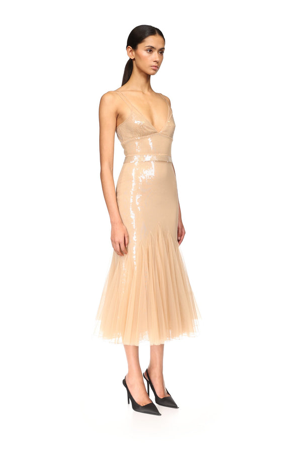 David Koma SEQUIN AND TULLE CAMI MIDI DRESS BEIGE