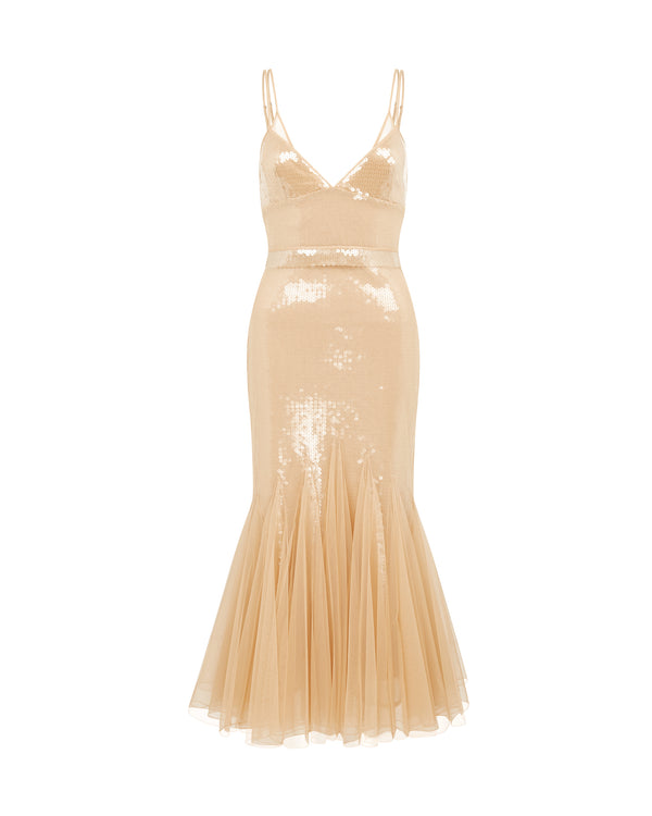 david koma SEQUIN AND TULLE CAMI MIDI DRESS BEIGE