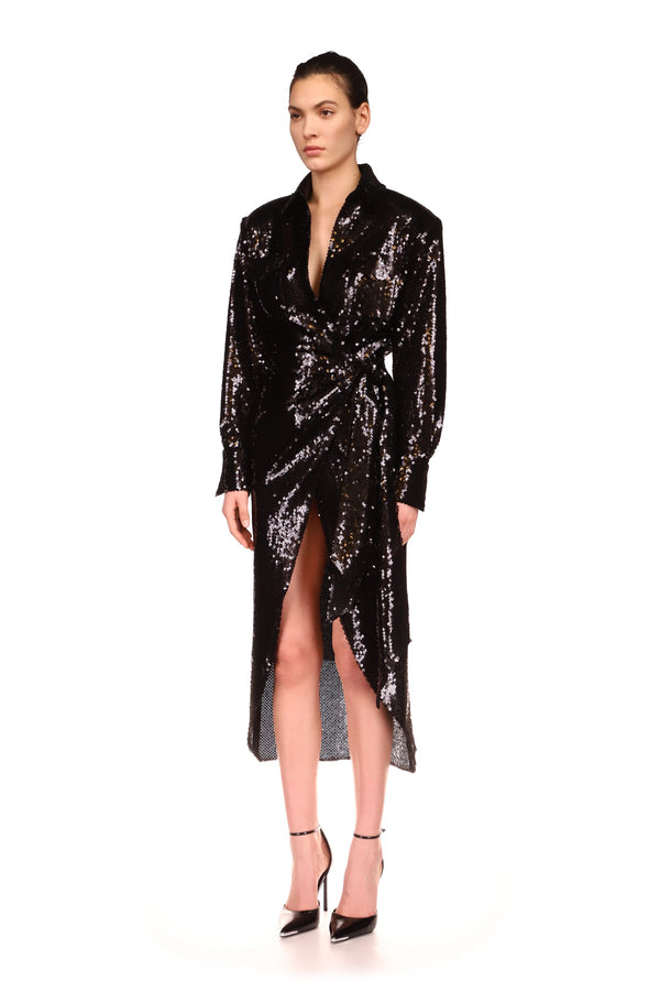 David Koma SEQUIN MIDI SHIRT DRESS BLACK