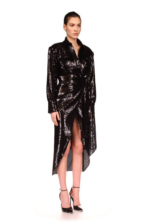 David Koma SEQUIN MIDI SHIRT DRESS BLACK