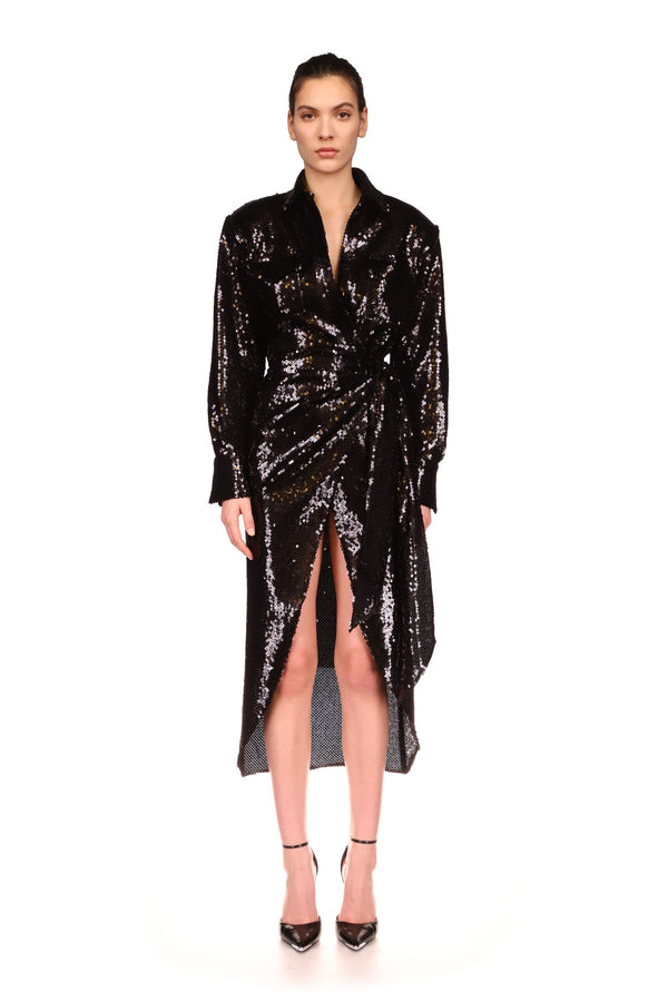David Koma SEQUIN MIDI SHIRT DRESS BLACK