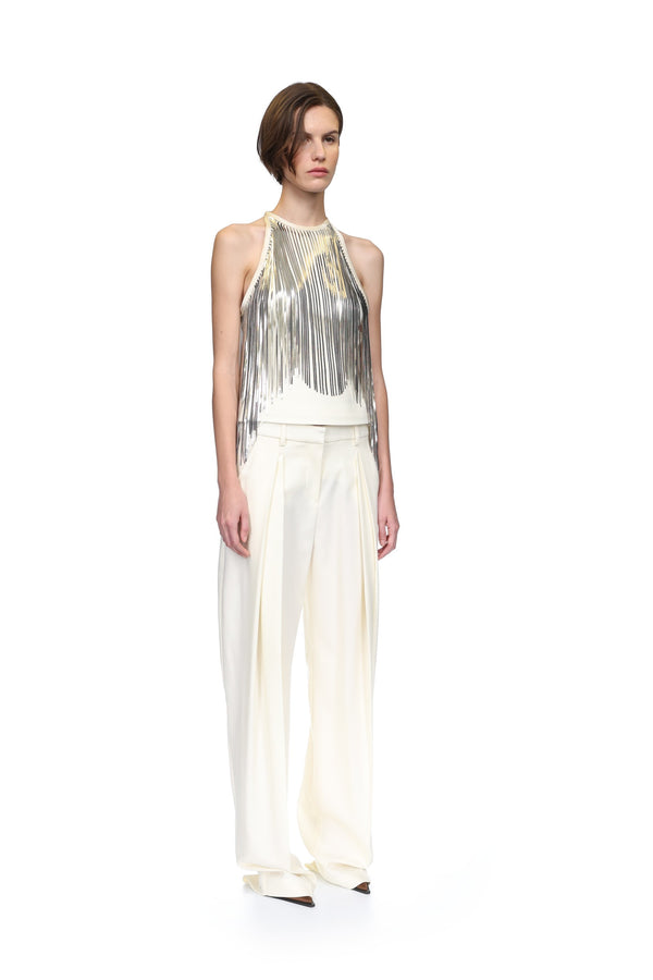 David Koma SILVER CHAIN FRINGE HALTER TOP WHITE